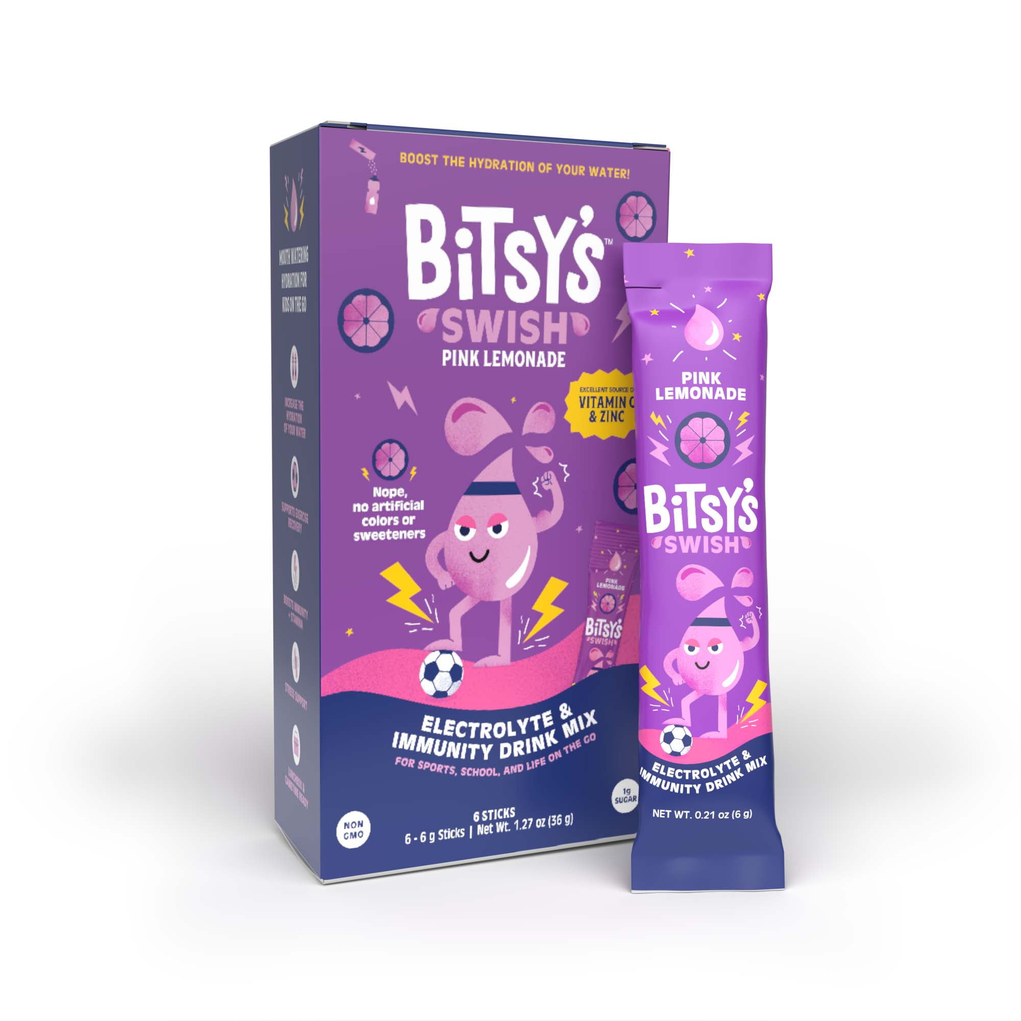 Bitsy's Swish Pink Lemonade Electrolyte and Immunity Sports Drink Mix for Kids, Vitamin C and Zinc Hydration Powder, 6 Packets