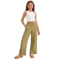 thumbnail image 3 of Gyexs Girls Wide Leg Linen Pants School Uniform Pants Cozy Elastic Waist Summer Casual Beach Trousers with Pockets (Khaki, 9-10 Years), 3 of 9