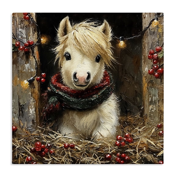Stupell Industries Horse Foal with Holly & Lights Animals Painting Wrapped Canvas Canvas Art Print Wall Art, 17 x 17