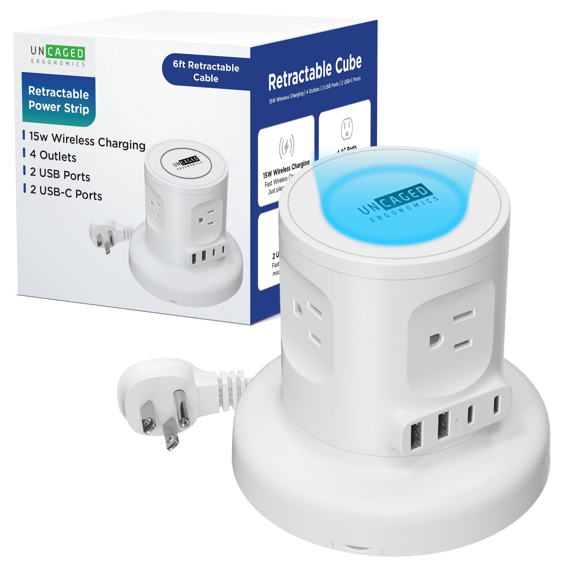 Wireless Retractable Power Strip Tower, 9-in-1 Surge Protector with 4 AC Outlets, 2 USB-C PD, 2 USB-A, 15W Wireless Charger, 6ft Auto-Retracting Cord, Fast Charging Station White