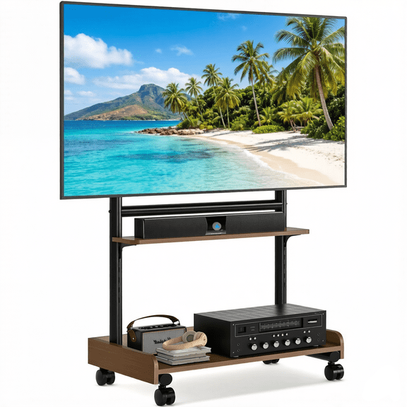 Universal Mobile TV Stand with Wheels for 40-86 Inch LCD LED OLED Flat Panel Screens, Wooden Storage Shelf