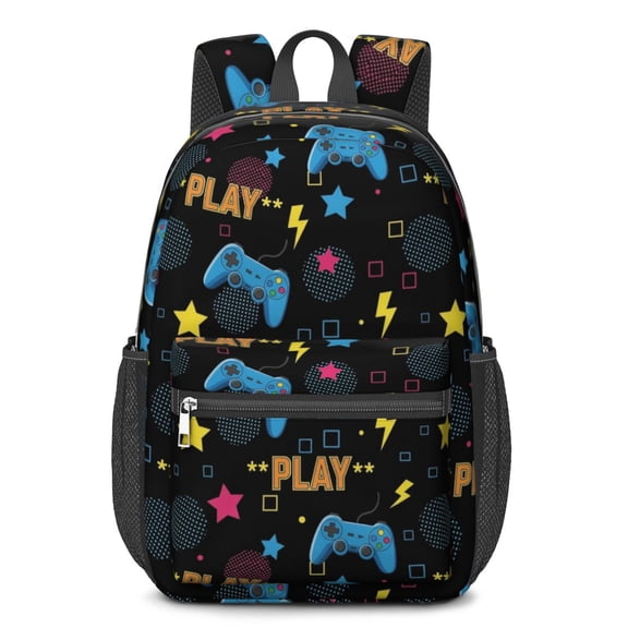 Game Controller Black Pattern 17" School Backpacks for Teens,Waterproof Oxford Fabric,S-Shape Padded Straps for School,Travel,Hiking,Camping