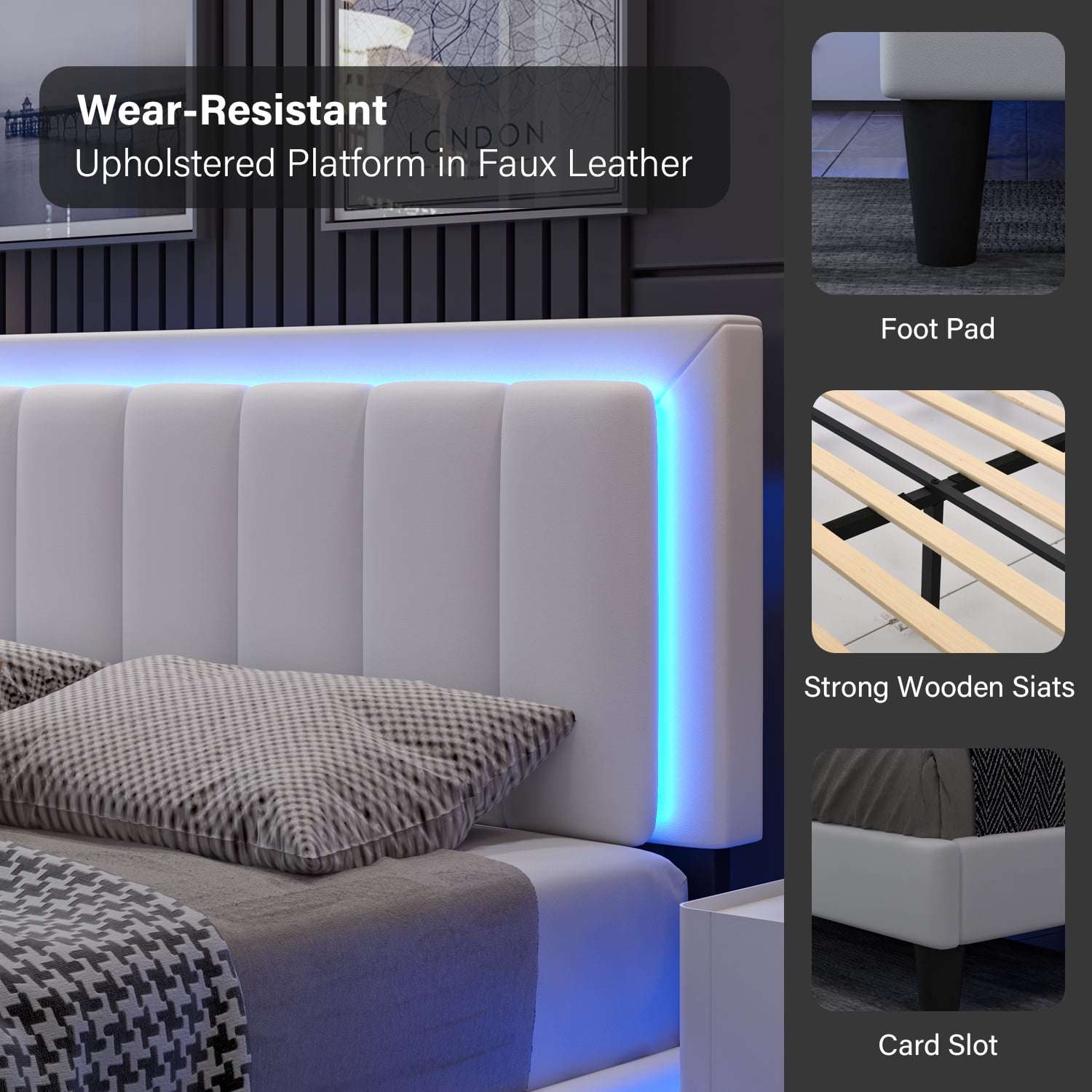 4 EVER WINNER Full Bed Frame with LED Light, Upholstered Platform Bed Frame with Headboard, White