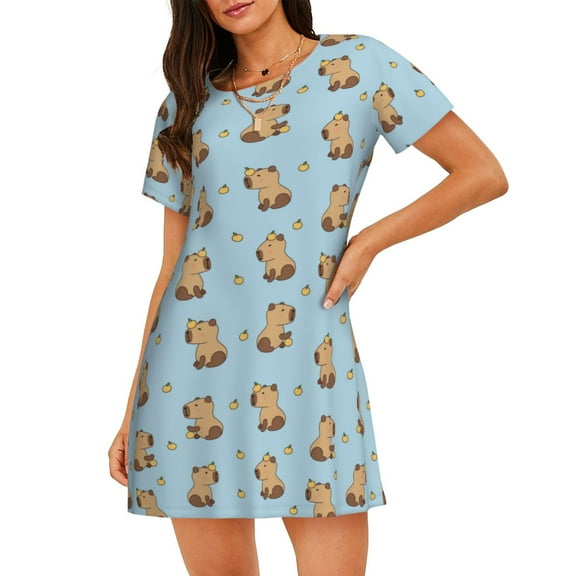 Cotton Nightgowns for Women - Small Capybara Sleep Shirts for Women's Nightgowns & Sleepshirts, Soft Cotton Pajama Dress Shirts for Women, House Dress Sleepwear for Women