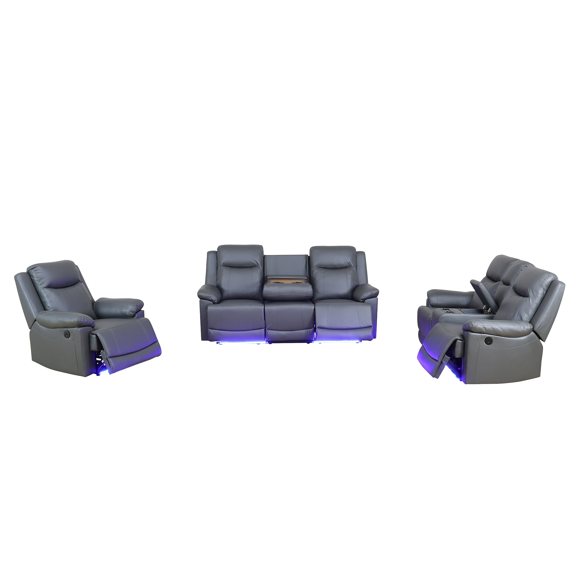 Gewnee Silver Gray 3-Piece Living Room Recliner Sofa Set with Console & Cup Holders,Air Leather, Solid Wood Frame & Double-Layer Springs