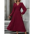 thumbnail image 3 of Women'S Fall Maxi Dresses Long Sleeve V Neck Dots High Waisted A-Line Ruffle Boho Long Dress Vacation Wine Red XL, 3 of 5