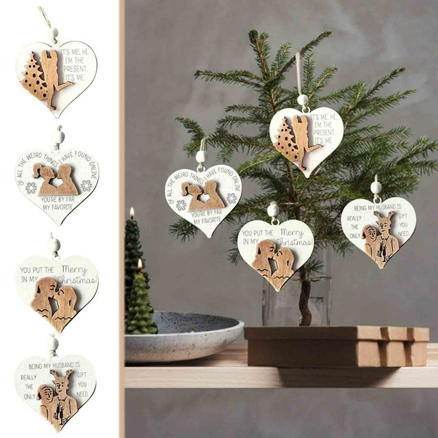 Colgante de madera con corazón de San Valentín - Regalo de amor de pareja, decoración marrón, 9,4x9cm, set de 4