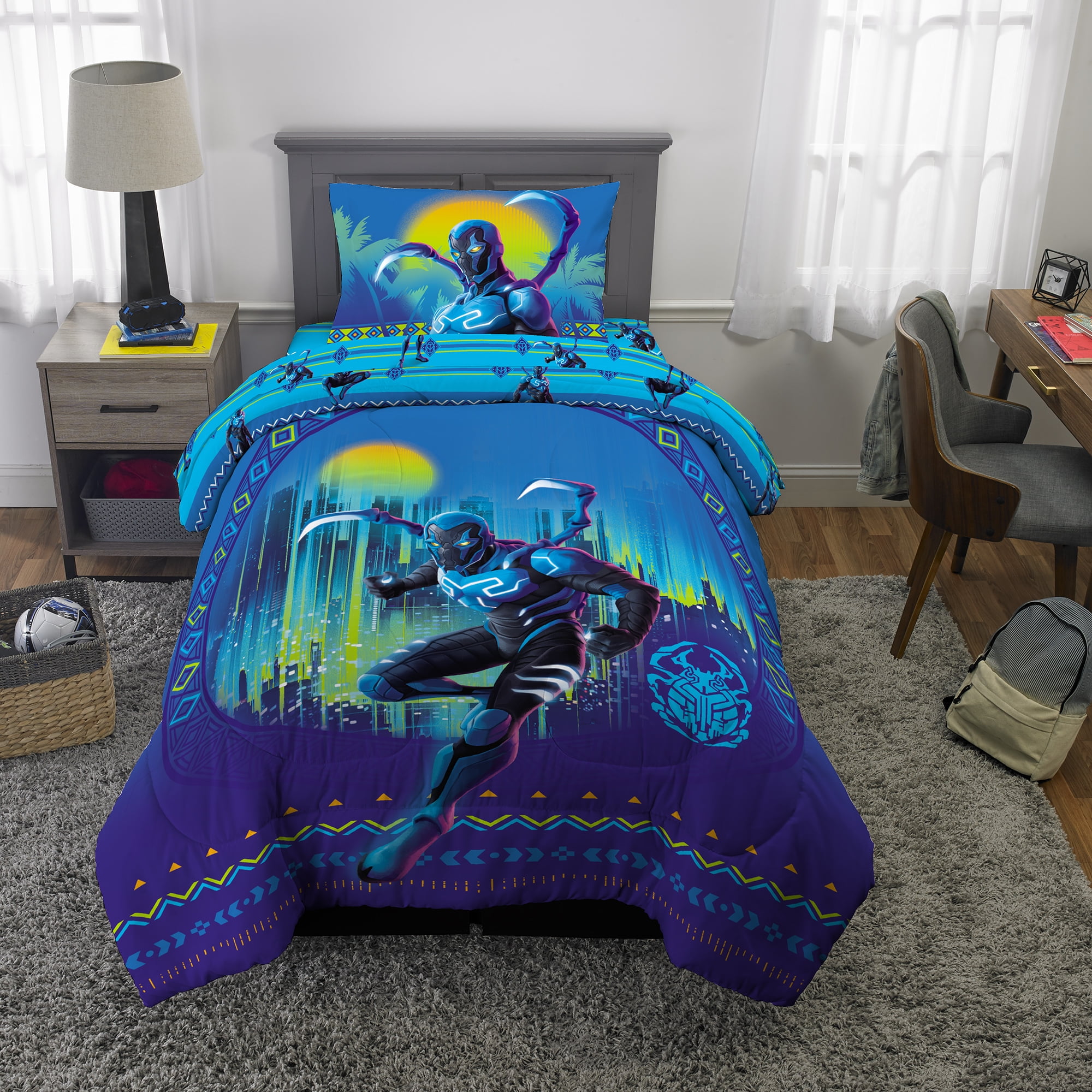 Blue Beetle Kids Twin Bed-in-a-Bag, Comforter and Sheets, Blue, Warner Brothers