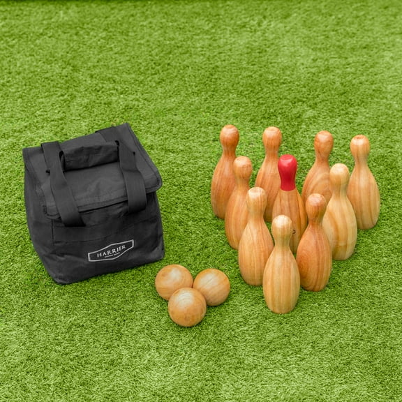 HARRIER Wooden Skittles Set – Premium Hardwood Bowling Game with Carry Bag – Includes 10 Skittles & 3 Wooden Balls – Perfect for Outdoor Fun & Family Activities