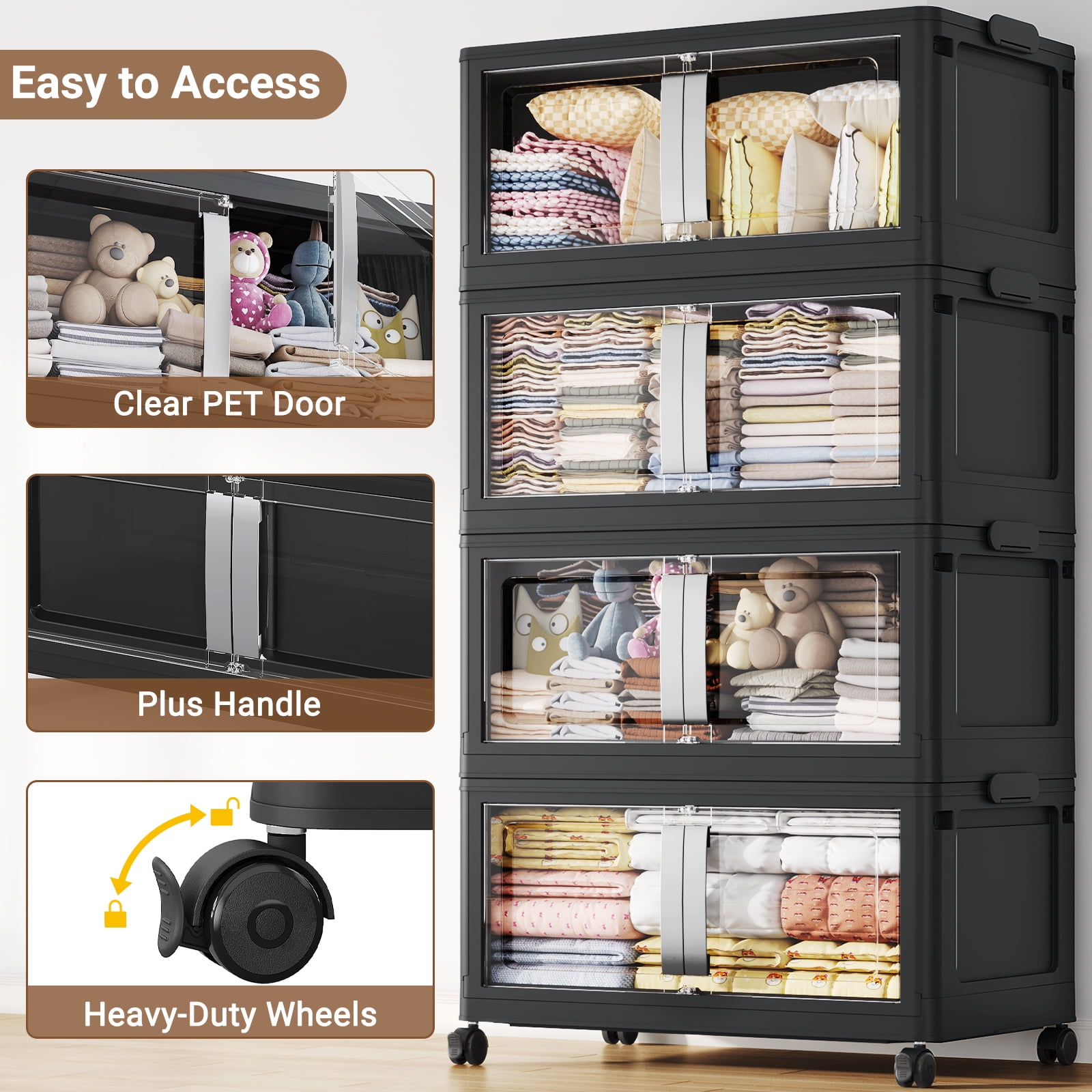 Broview 240Gal Extra Large Stackable Storage Bins, 960Qt Collapsible Plastic Storage Box with Clear Doors, Foldable Containers With Drawers, Magnetic Closure, 360° Swivel Wheels, Black, 6Pack V70