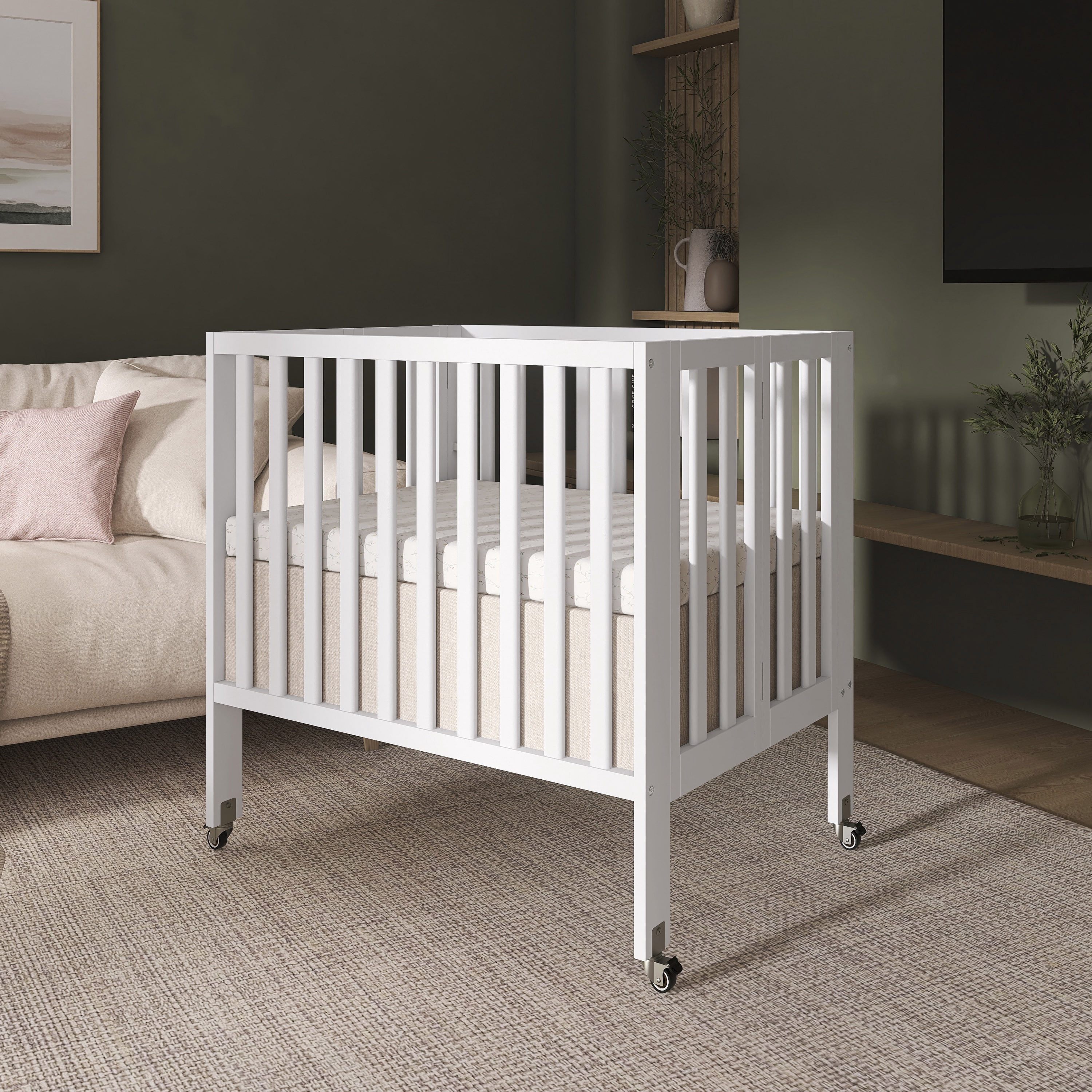 Dream On Me Jett Non-Full Size Folding Crib I Removable Wheels I Modern Nursey I Adjustable Mattress Support I Patent Folding System I Included 2.5” Mattress In White