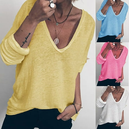 

Taluosi Women s Solid Color Fashion Casual Loose Long Sleeve V-neck T-shirt Tops Blouse