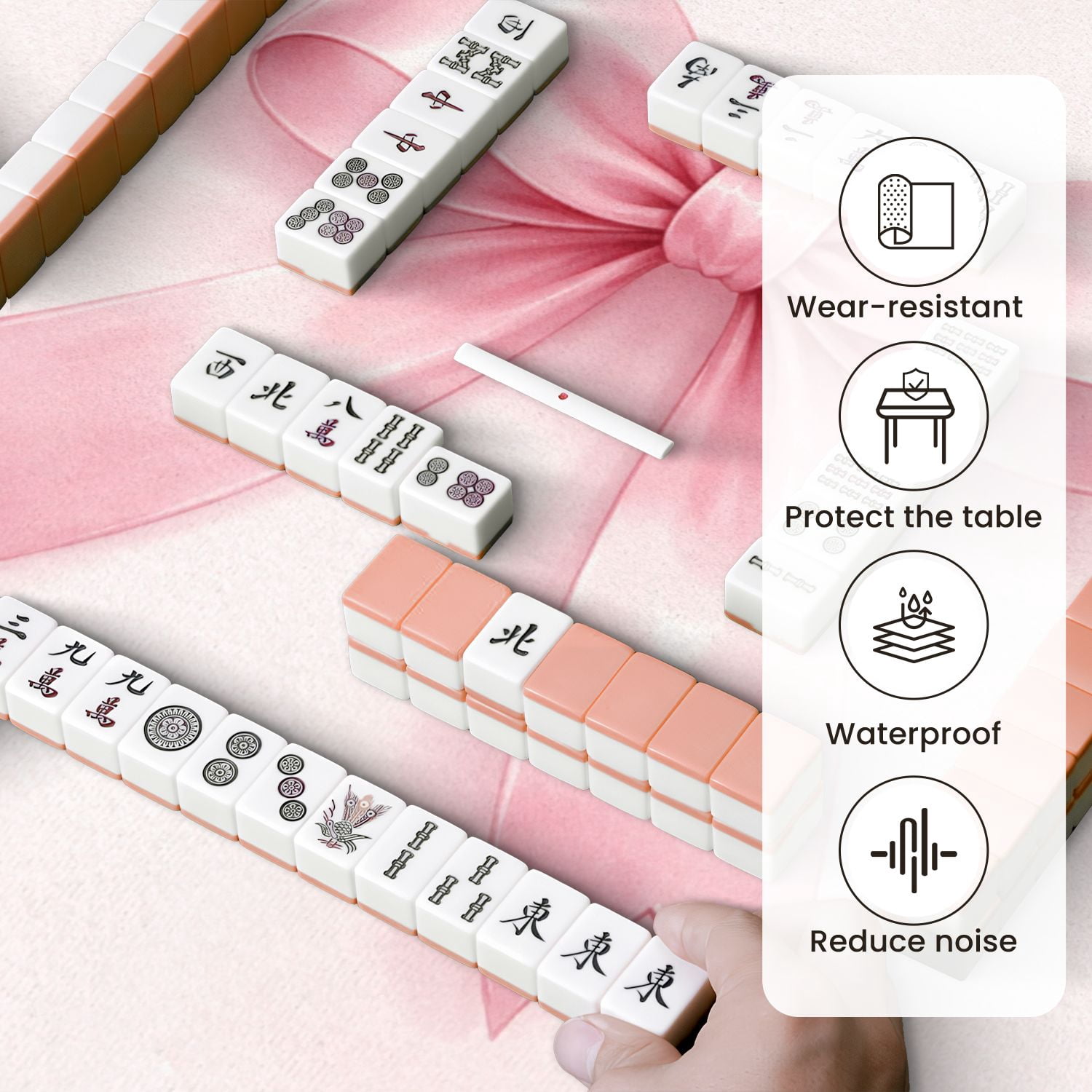 Mahjong Mat 31.5" x 31.5" Pink Satin Bow Shiny Texture Elegant Ribbon Design Non-Slip Noise Reduction Mahjong Tiles Table Cover for Dominoes Poker Card Board and Tile Games