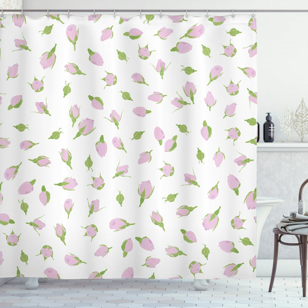 Rose Shower Curtain, Rosebuds Romantic Flowers with Leaves Wedding