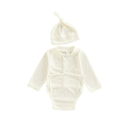 

Frobukio Newborn Baby Boys Girls Rompers and Hat Casual Solid Color Button Round Neck Long Sleeve Jumpsuit Outfits Beige 6-12 Months