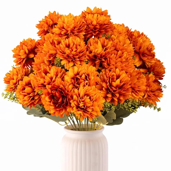 Scidweet Fake Fall Flowers, 4 Pcs 36 Heads Artificial Silk Chrysanthemums Flowers Fall Decorations for Home Autumn Indoor Table Wedding Decor, Orange