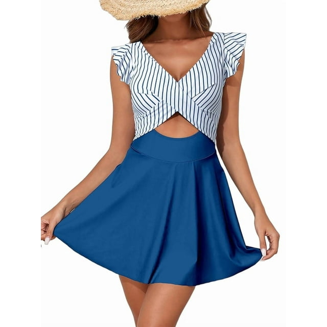 Women'S Swimsuit Ruffle Cutout Swimdress Tummy Control V Neck Wrap Swimwear Blue Stripes XL