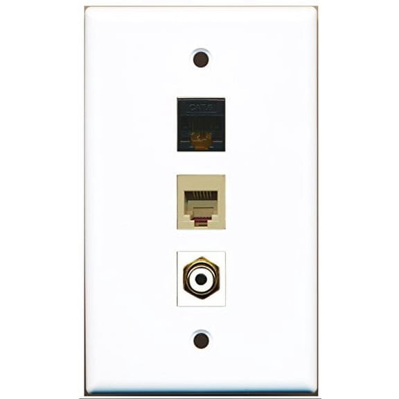 RiteAV - 1 Port RCA White and 1 Port Phone RJ11 RJ12 Beige and 1 Port Cat6 Ethernet Black Wall Plate
