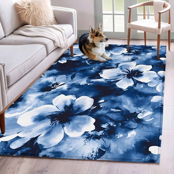4'x6' Area Rugs, Blue Spring Floral Indoor Outdoor Area Rug for Living Room Bedroom, Summer Botanical Flowers Abstract Washable Bathroom Rugs Kitchen Floor Carpet Mats Home Decor Aesthetic