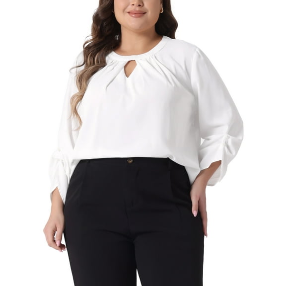 DARING DIVA Women's Plus Size Pleated Crew Neck Keyhole Tops 1X White