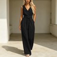 thumbnail image 3 of ClodeEU Women's V Neck Sleeveless Top and Elastic Waist Drawstring Wide Leg Pants Set with Pockets ,Casual Two Piece Outfit Black,Women's Plus L, 3 of 7