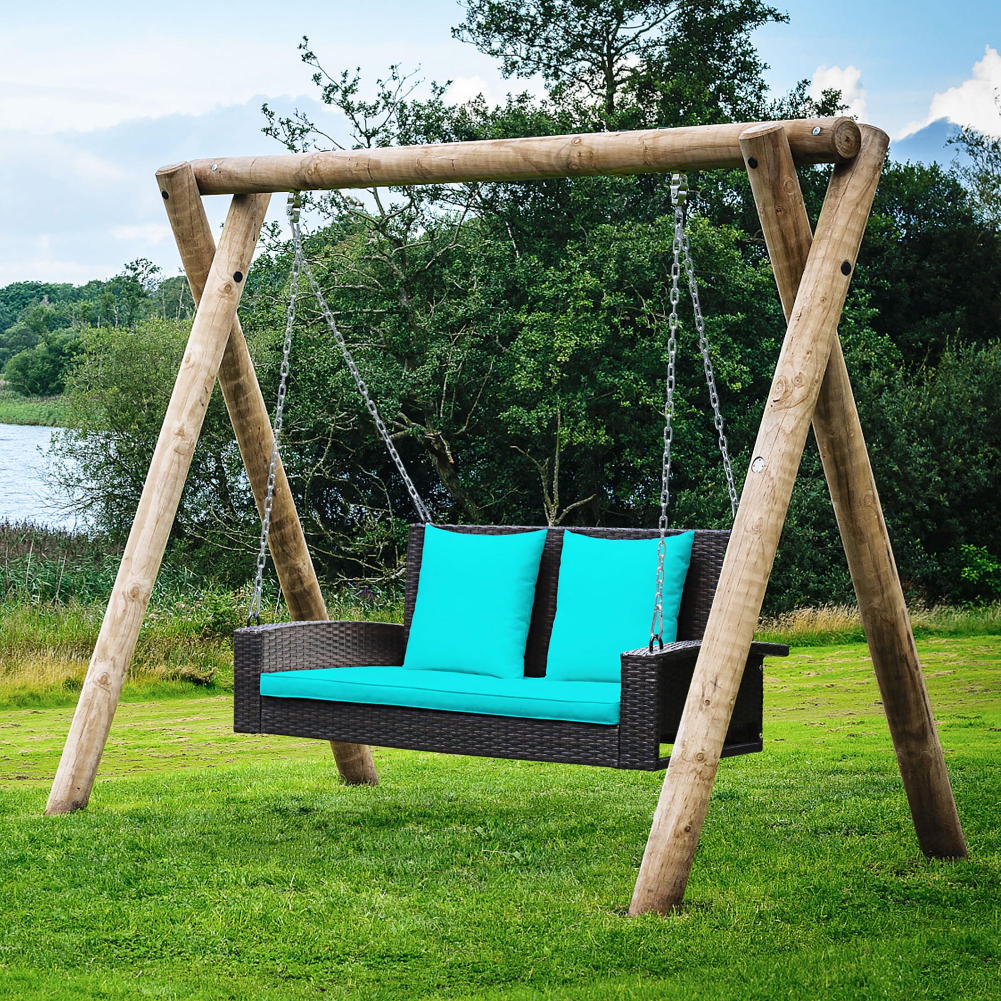 Costway 2 Person Patio Rattan Hanging Porch Swing Bench Chair