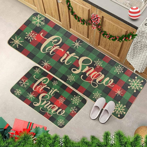 PEONAVET Holiday Kitchen Floor Mats 2 Piece Non Slip Kitchen Mat Runner Rug Set Doormat Snowflake Winter Holiday Merry Christmas Door Mat Rubber Carpet Indoor Floor Mats