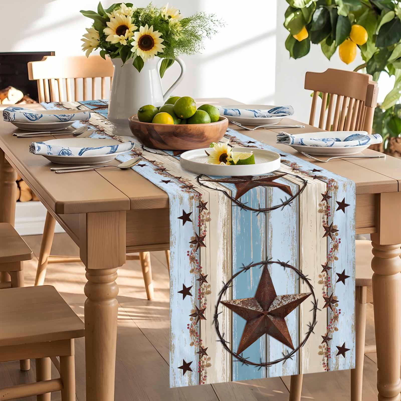 Vintage Western Star Home Quote Table Runner 90 Inches Long, Farm Gradient Wood Board Table Runners Tabletop Scarf Kitchen Dining Tables Decoration for Home Party Indoor Outdoor