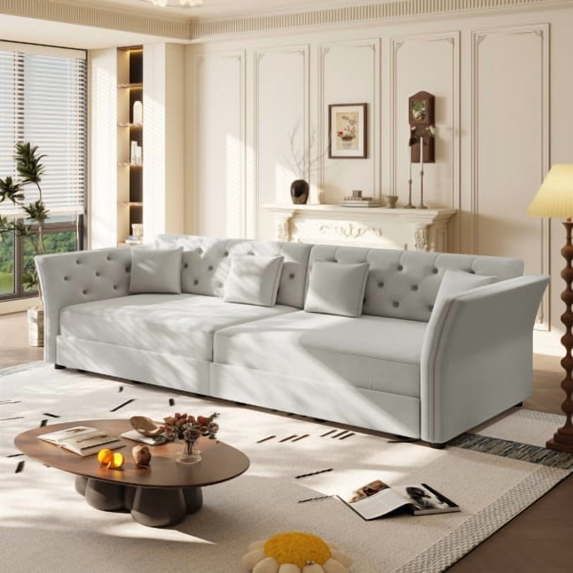 74.4" Queen Pull Out Sofa Bed, Convertible Sleeper Sofa with Handmade Fabric Flower Tufted Design, Multi-Functional Velvet Loveseat Bed for Living Room, Bedroom, Light Grey