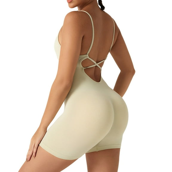 FUNUONY Jumpsuits for Women Backless Scrunch Strappy One Piece Workout Jumpsuit Tummy Control V Back Yoga Romper Summer Women Yoga Jumpsuit Workout Vest Jumpsuit Beige L