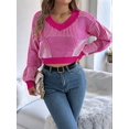 thumbnail image 5 of Women'S Cropped Sweater V-Neck Long Sleeve Crop Sweater Pullover Jumper Knit Top Rose Red M, 5 of 8