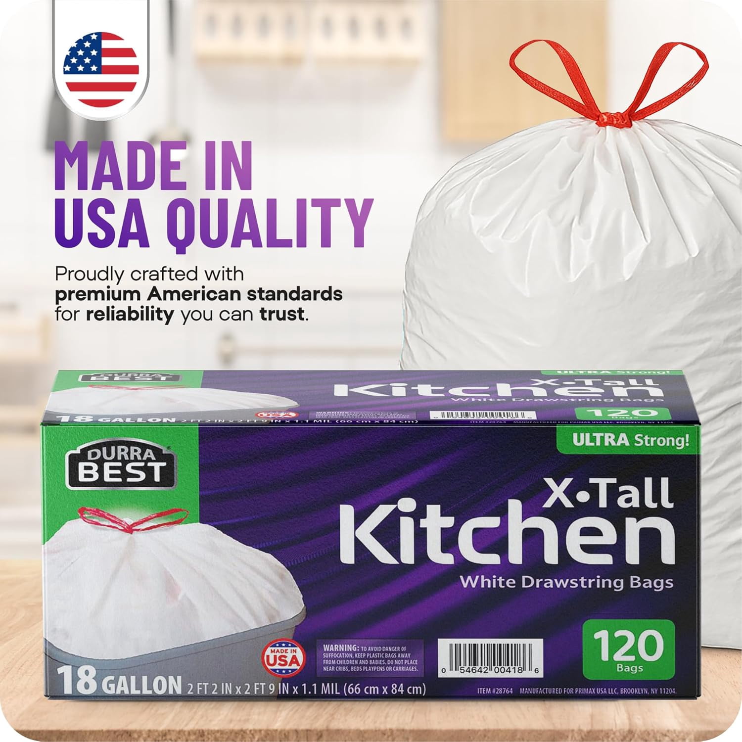 DURRA BEST Heavy-Duty Trash Bags – 120 count, 18 Gallon White, Ultra Thick Drawstring Garbage Bags – Leak-Resistant for Home & Commercial Use, Big Trash Bags, Made in USA