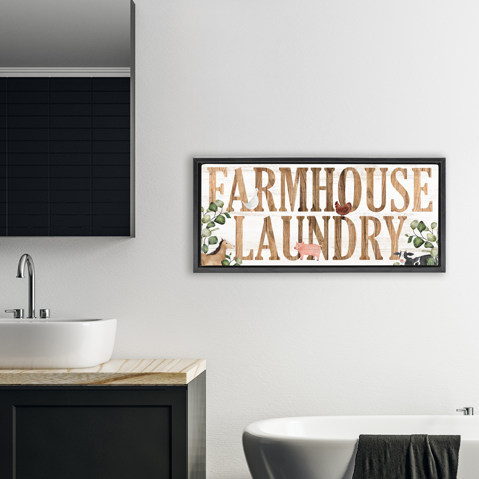 Rustic Farmhouse Laundry Black Framed Floater Canvas Wall Art, design by Kim Allen