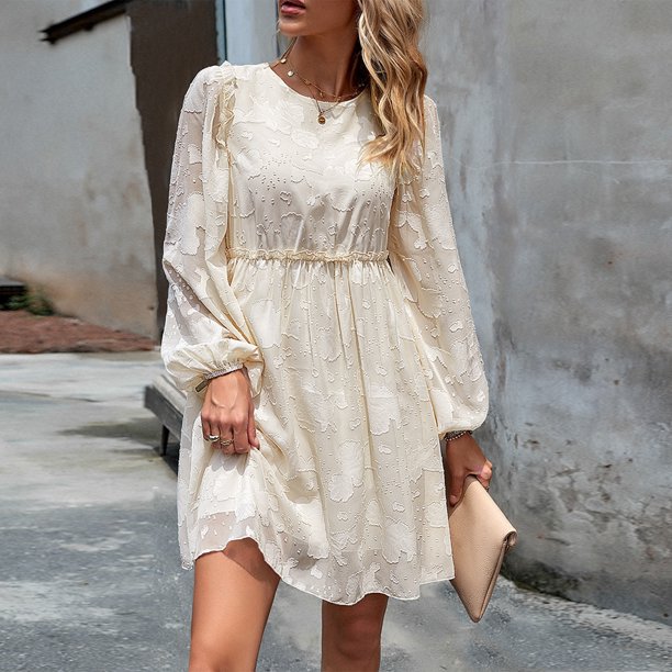 Vestido De Mujer Mini vestido femenino Casual Jacquard cómodo cuello redondo fiesta Clubwear traje de calle Cgtredaw Beis S para Mujer