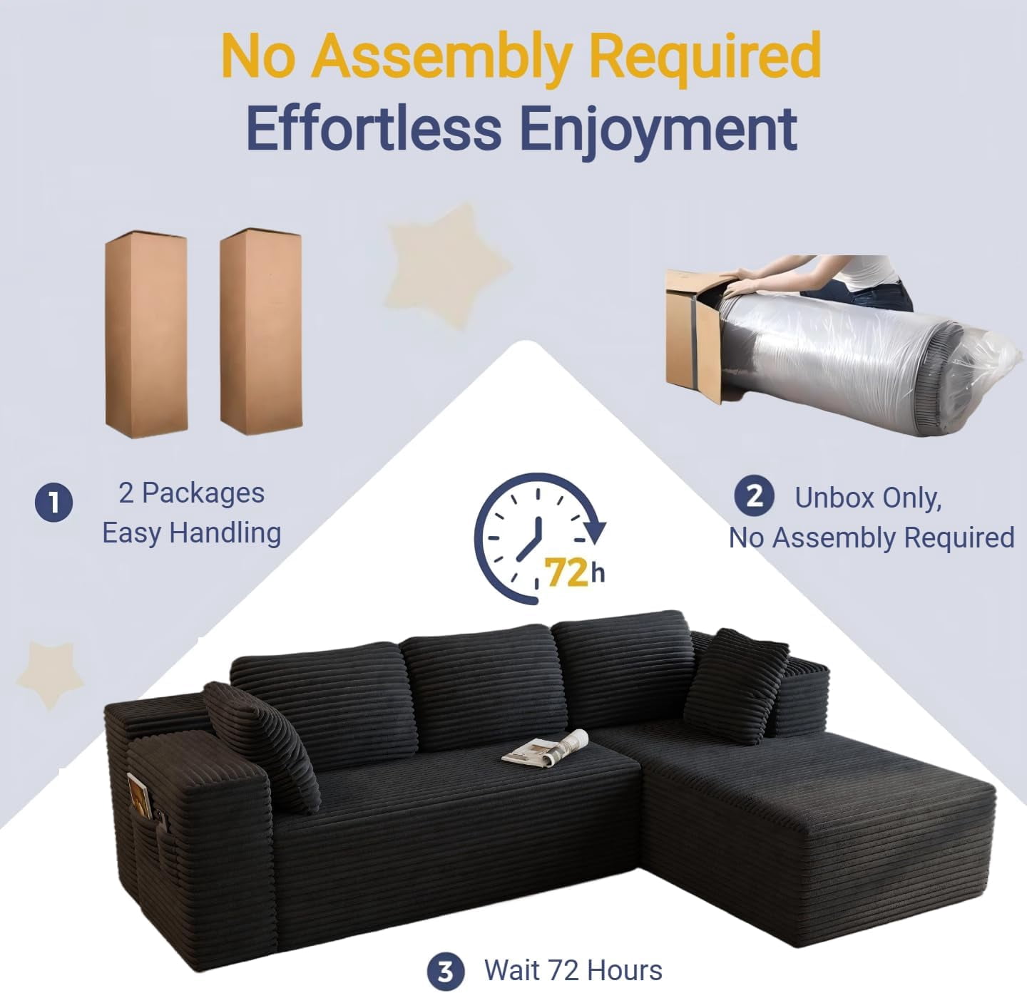 Cloud Couch, Lofka 105" Cloud Modular Sectional Sofa, Corduroy L-Shape Couch with Chaise, Deep Seat Boneless Floor Sofa for Living Room, Black