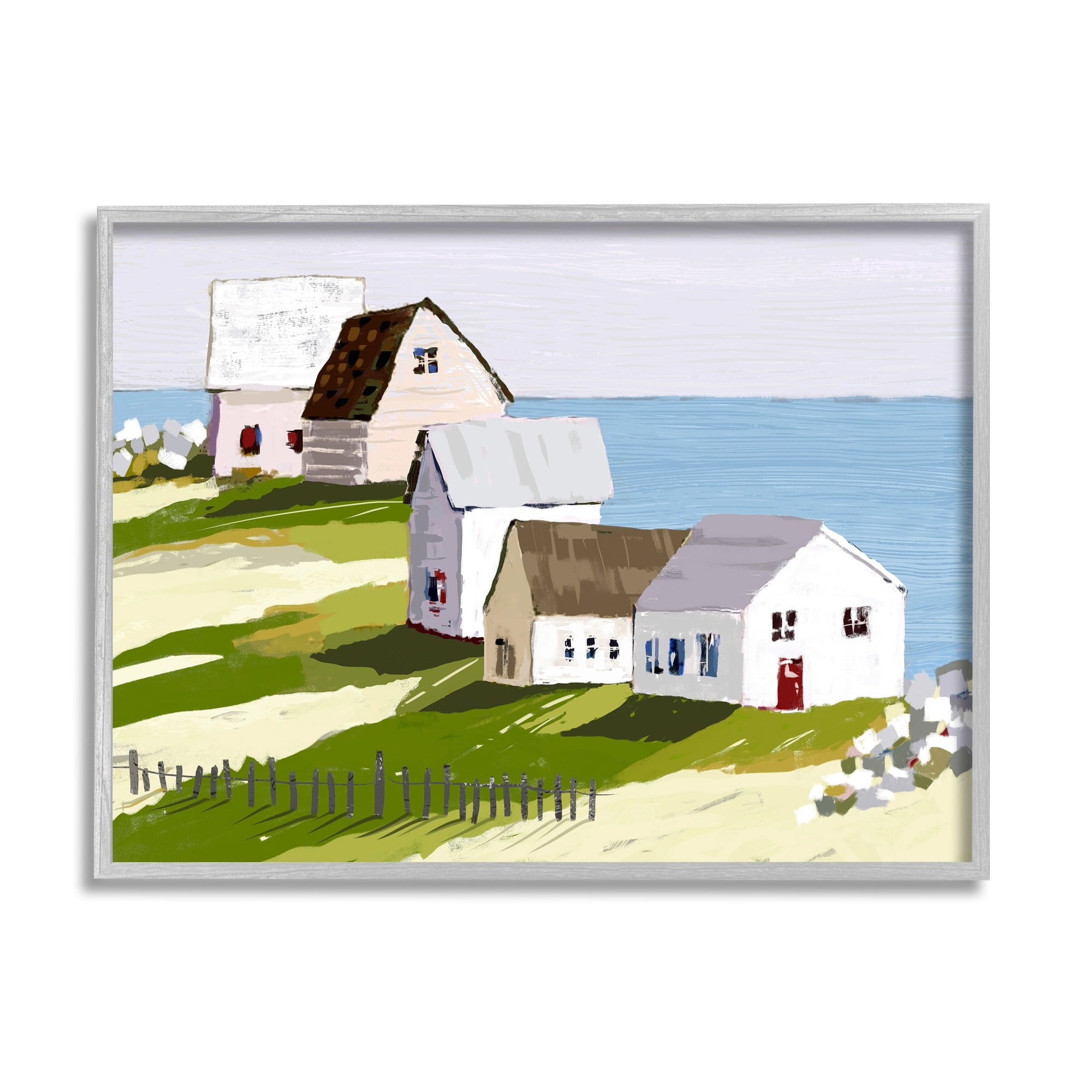 Stupell Industries Quaint Seaside Cottages Overlooking Vast Ocean Landscape Graphic Art Gray Framed Art Print Wall Art, Design by Tina Finn