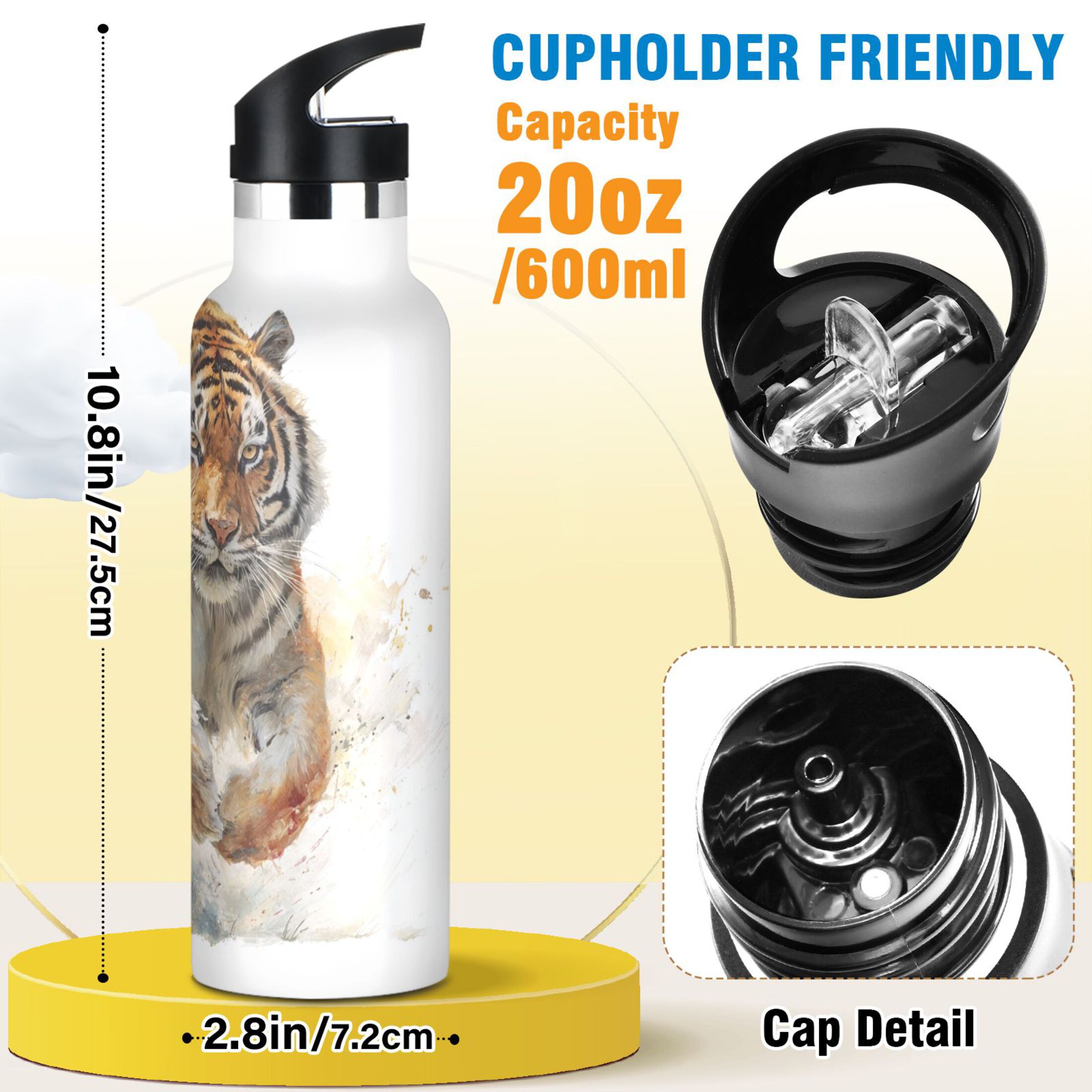 Kids Insulated Stainless Steel Sports Water Bottle 600ml (20oz) Tiger in Action