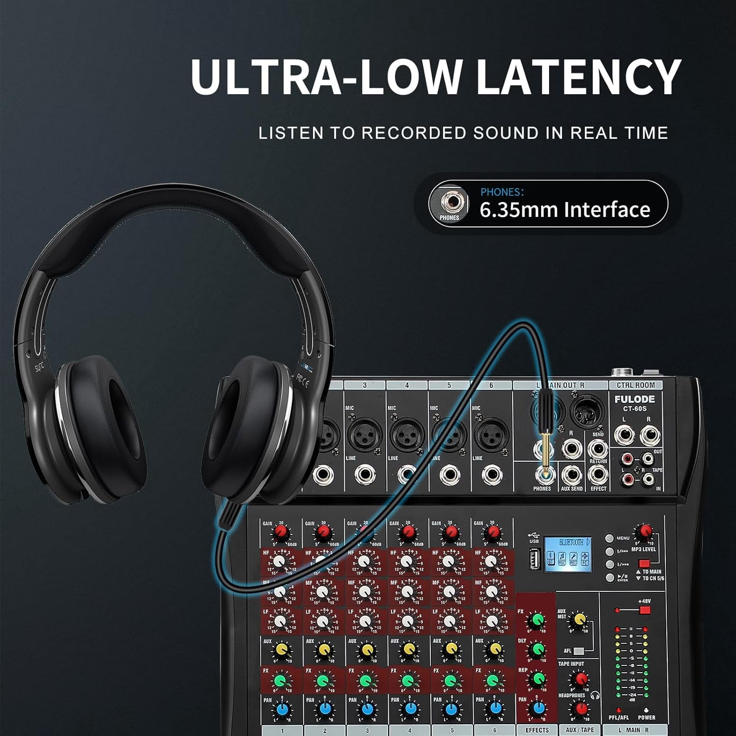 6 Channel Mixer Audio Console, CT-60S Professional Music Mixer DJ Mixing Board with Reverb Bluetooth MP3 Player 48V Phantom Power Supply USB Recording for Studio Karaoke Live Performance
