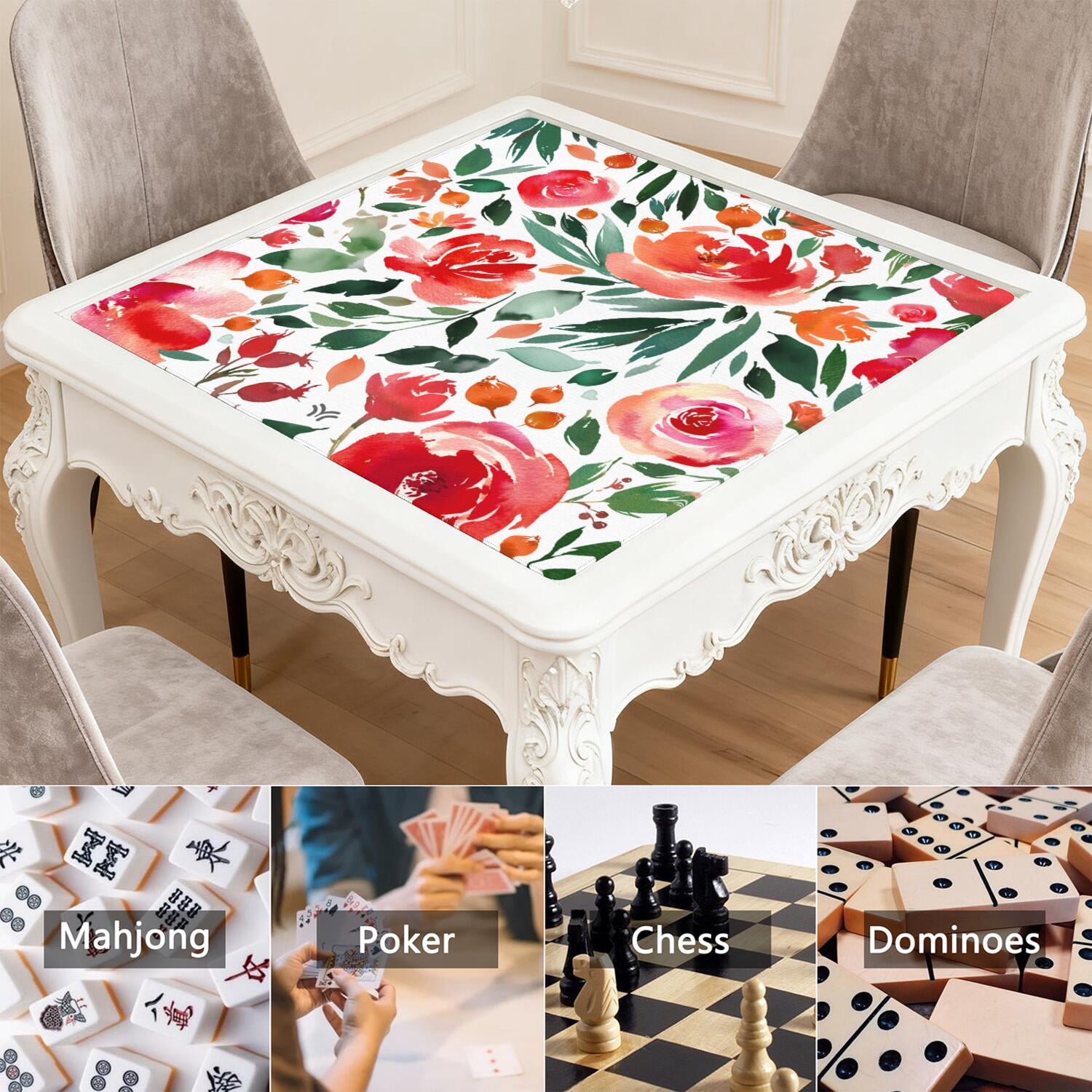 Premium Floral Pattern Non-Slip Mahjong Mat 31.5 Inch Square Rubber Playing Surface Noise Reduction for Chinese Tiles Card Games & Entertainment