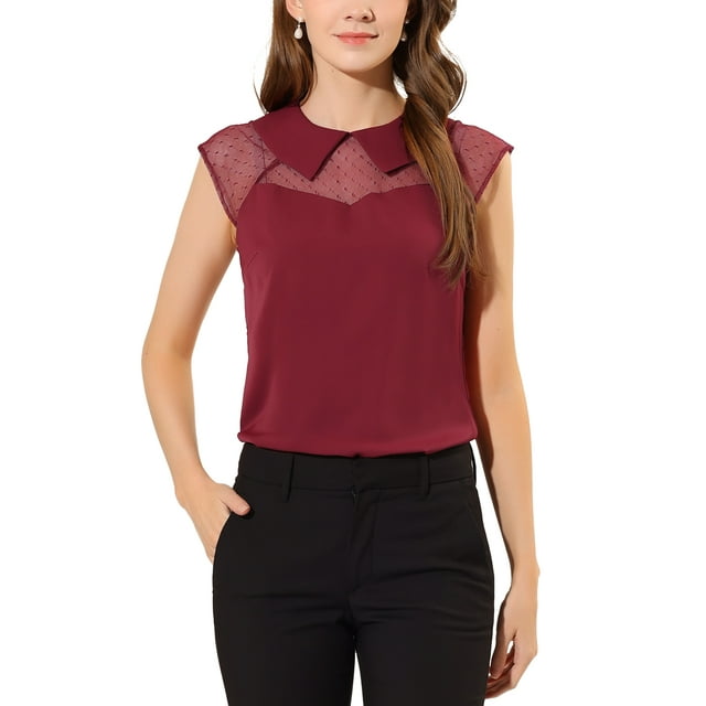 Blusa de pullover de manga corta con cuello Peter Pan para mujer, M, rojo oscuro