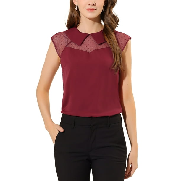 Blusa de pullover de manga corta con cuello Peter Pan para mujer, M, rojo oscuro
