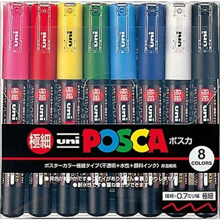 Uni-Posca Paint Marker Pen - Extra Fine Point - Set of 8 (Pc-1M8C), Model:PC-1M 8C