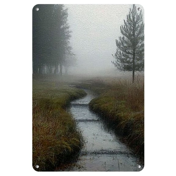 1pc Serene Stream & Foggy Fields Vintage Metal Tin Sign, 12x8" - Rustic Frameless Wall Art for Home & Office Decor, Garden, Living Room, Bedroom, Kitchen, Garage | Unique Gift Idea