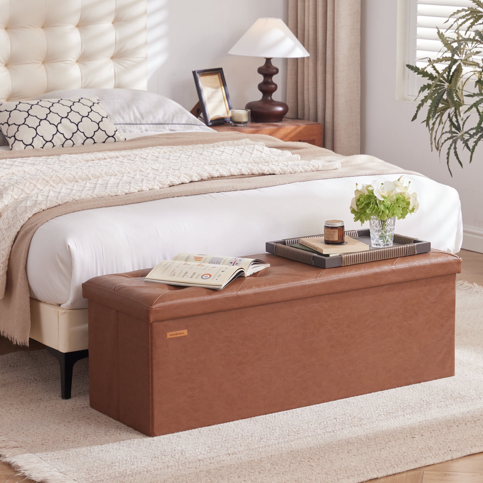 Hausfrau 43.5 Inches Ottoman with Storage Bench, Folding Ottoman Bench Foot Rest Stool, Bedroom Bench, Holds up to 660 lb, Faux Leather Retro Brown
