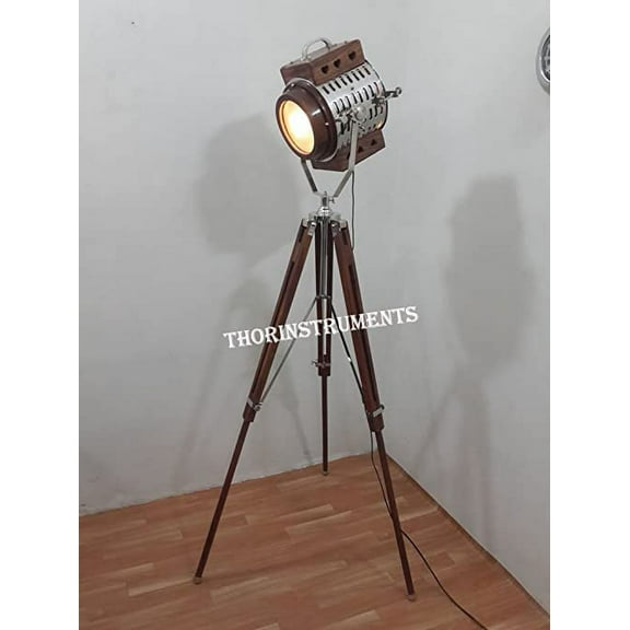 Classic Design Wood & Chrome Finish Spot Light W/ Brown Wood Tripod Floor Stand
