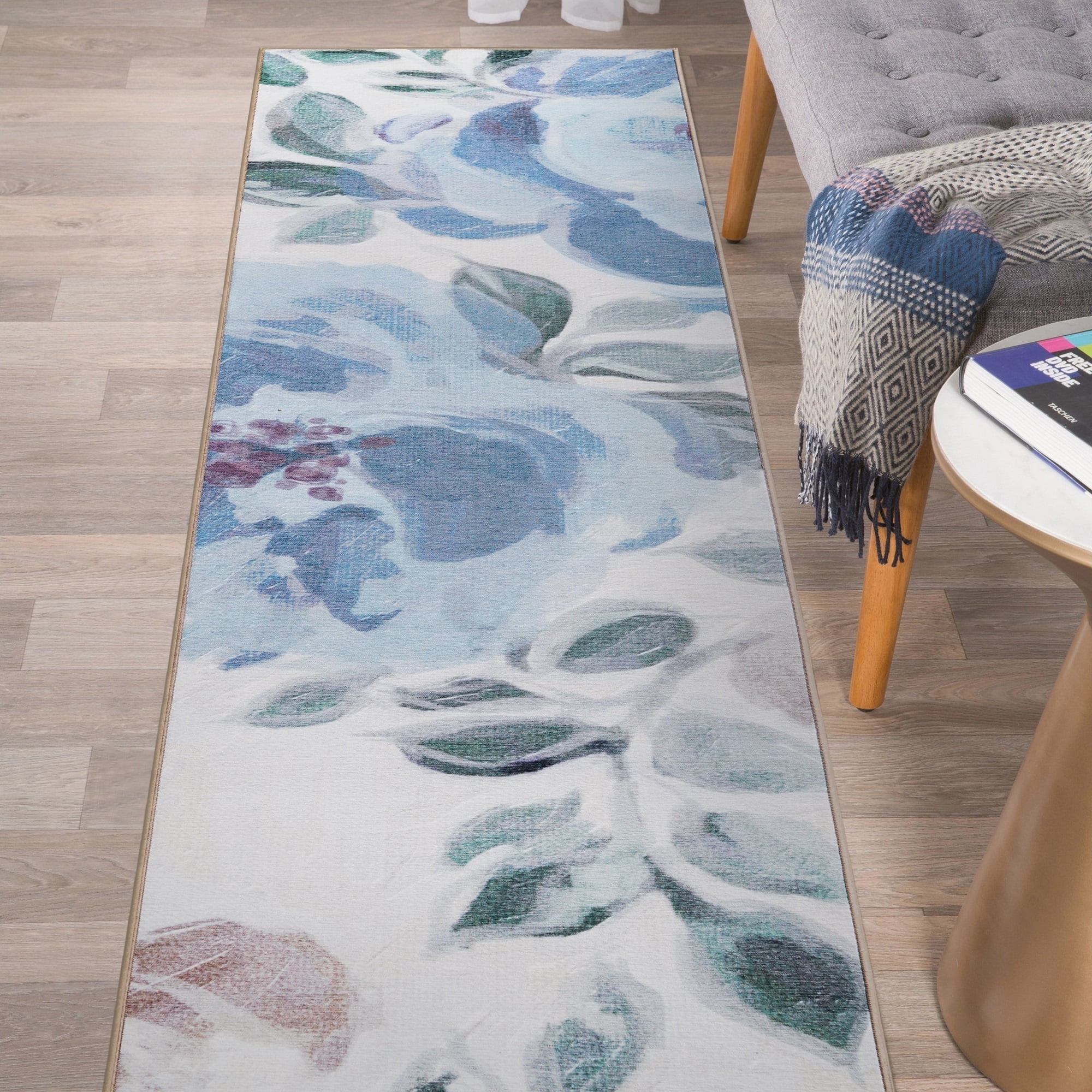 My Magic Carpet 2.5'x10' Machine Washable Kitchen Hallway Runner Rug - Sasha Floral Cream Blue