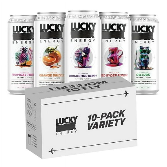 Lucky Sugar-Free Drink Variety Pack, 16 fl oz Cans (Pack of 10) with Maca, Ginseng, Taurine, Beta-Alanine, 200mg Caffeine (Packaging May Vary)