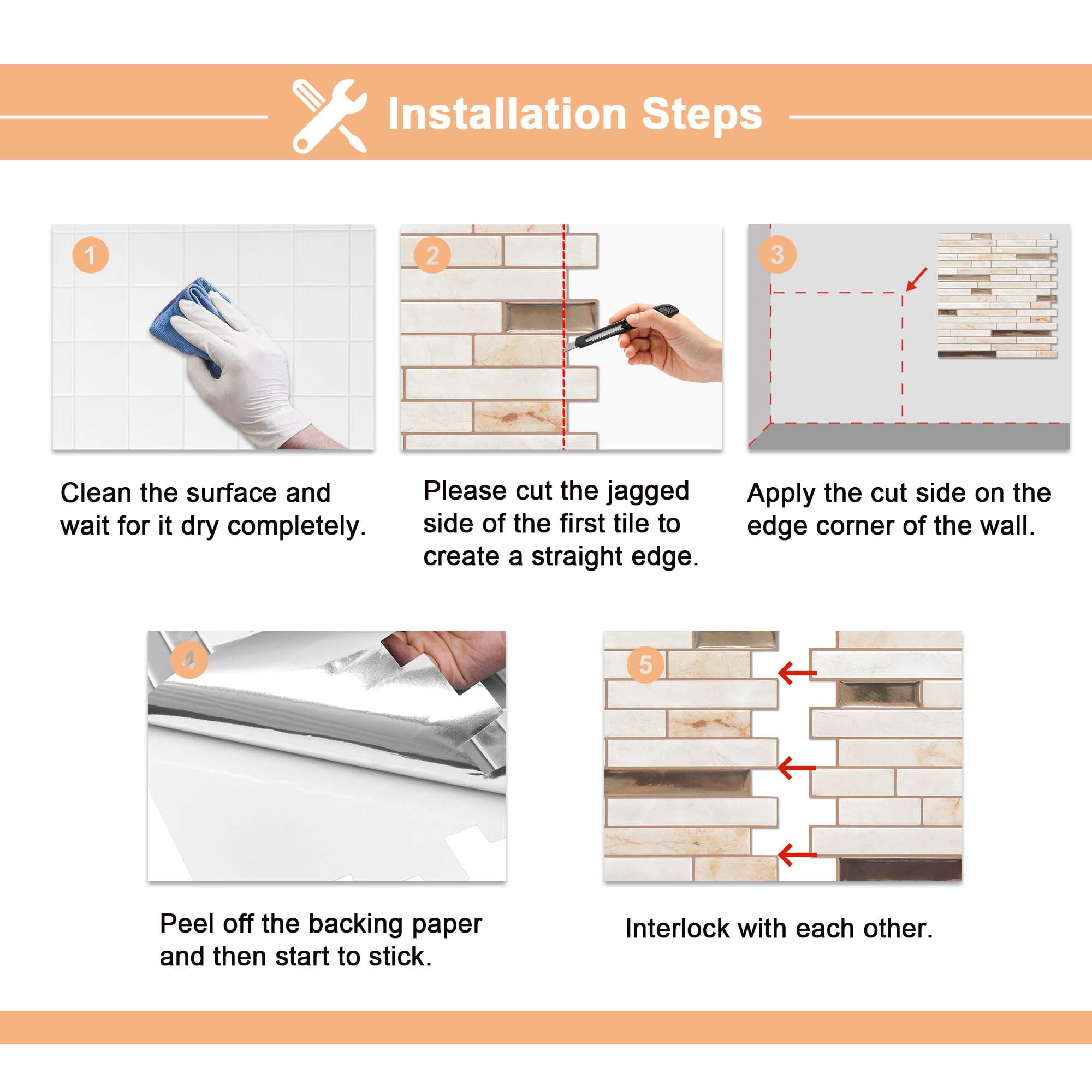 12×12in. Best Kitchen Peel and Stick Tile Backsplash Stone Beige (10 Sheets)