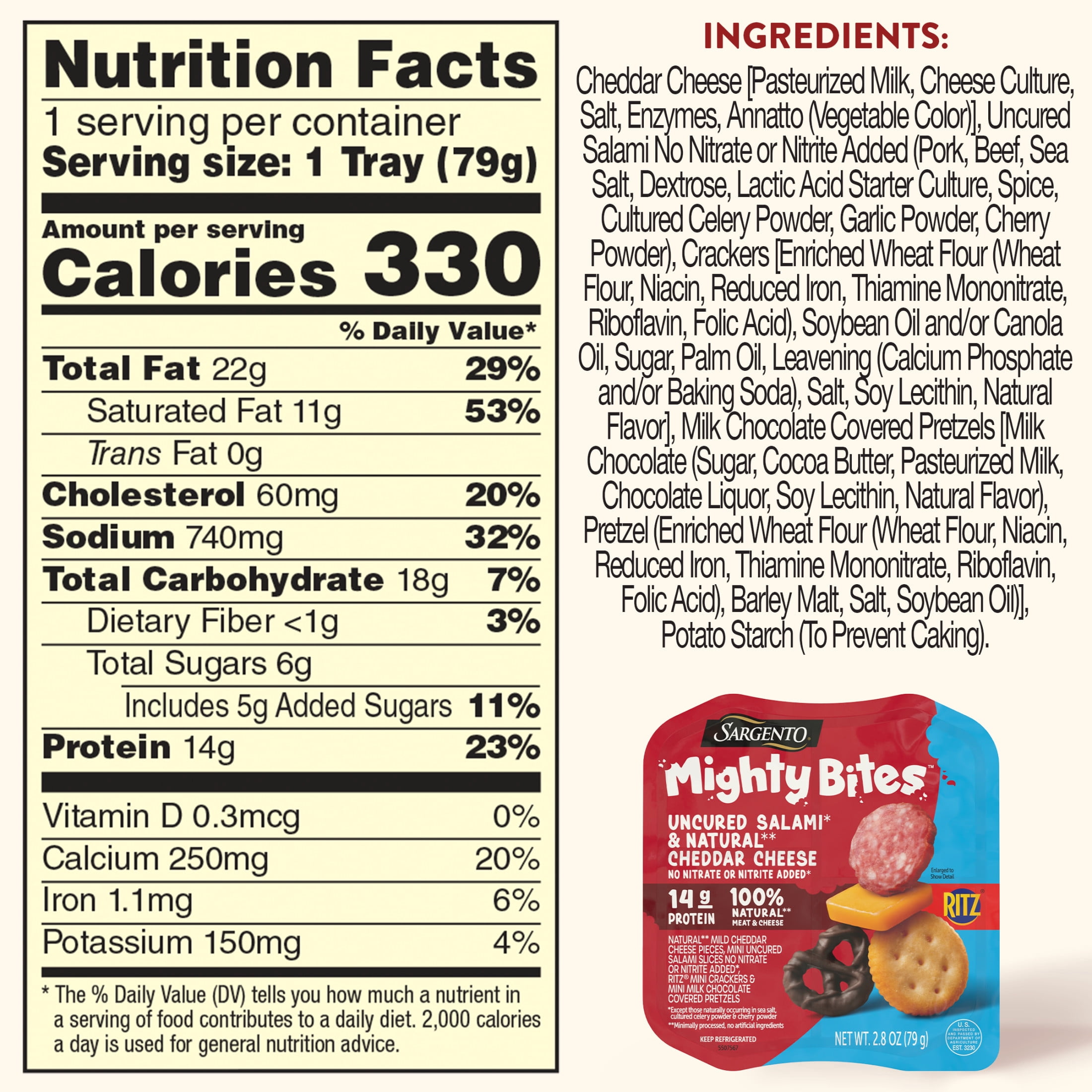 Sargento Mighty Bites Uncured Salami and Mild Cheddar Cheese Snack Kit, 2.8 oz, Fresh & Ready to Eat