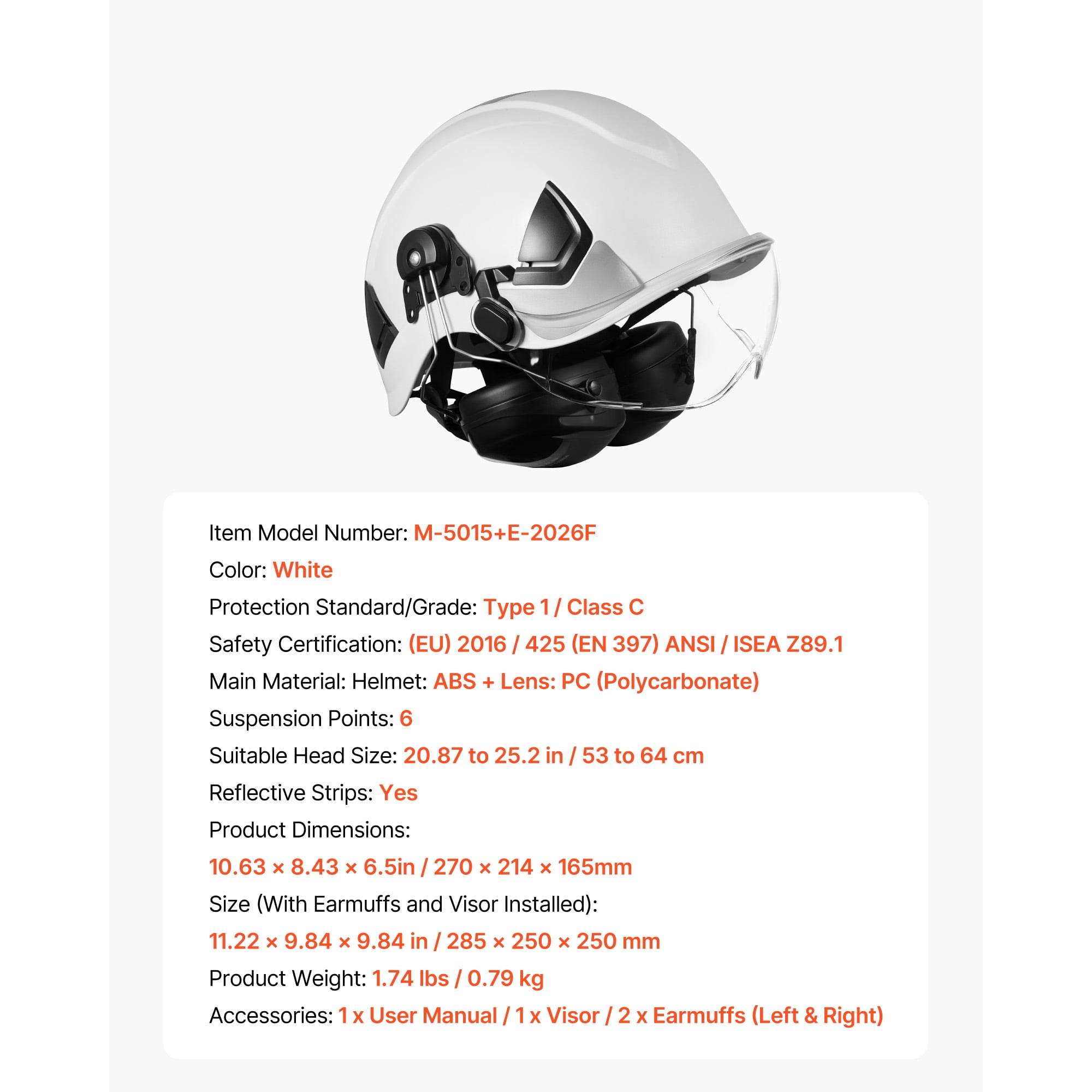 KFFKFF Industrial Safety Helmet, ANSI/ISEA Z89.1 Certified ABS Hard Hat with Visor & Earmuffs, 6-Point Adjustable Suspension, Vented Design for Men & Women, Suitable for Outdoor Construction Work